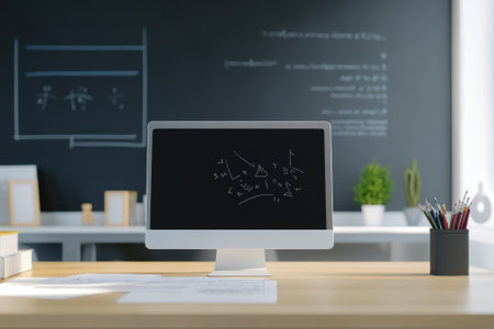 A modern desk setup features a computer screen with math equations, surrounded by simple decor and natural light.の写真素材