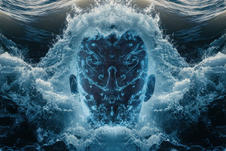 A mesmerizing fusion of a human head and turbulent ocean waves, highlighting the power of nature at night.の写真素材