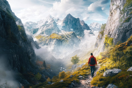 A solitary hiker walks along a rocky trail surrounded by majestic mountains and vibrant clouds at dawn.の写真素材