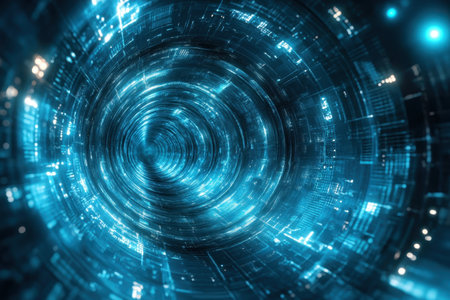 A mesmerizing digital tunnel illuminated by glowing blue lights creates an immersive visual experience.の写真素材