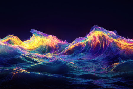 Waves crash vividly, their vibrant colors reflecting the beauty of the night sky above.の写真素材