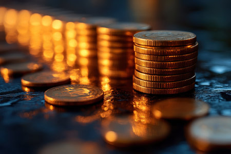 Several coins are stacked neatly, casting reflections and intricate shadows in warm light.の写真素材