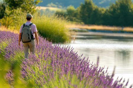 A person strolls next to vibrant lavender flowers near a peaceful lake on a sunny day.の写真素材