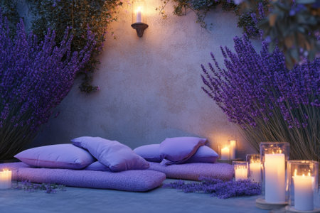 A tranquil outdoor corner features cozy cushions, fresh lavender, and glowing candles creating a serene setting.の写真素材