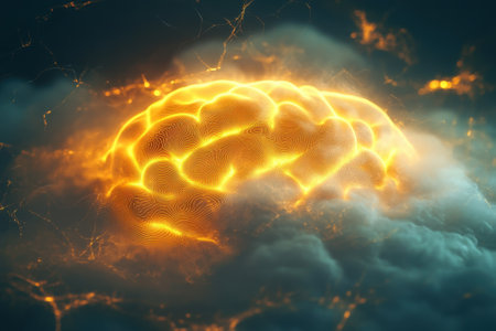 A vivid brain design glows amidst swirling clouds, symbolizing thought, creativity, and inspiration in a surreal manner.の写真素材