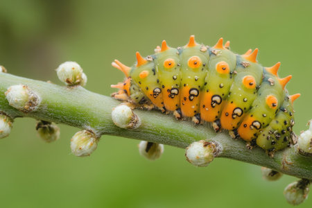 A vibrant caterpillar crawls along a green branch, surrounded by tiny buds under natural light.の写真素材