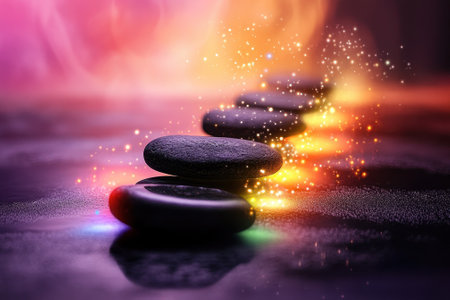 A row of smooth, dark stones glows with vibrant colors, casting a peaceful ambiance and enhancing relaxation.の写真素材