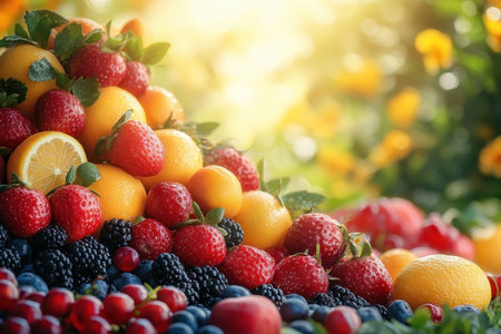 A vibrant assortment of strawberries, oranges, and berries beautifully arranged in a garden setting.の写真素材