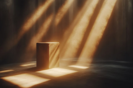 Soft light streams through a space, creating a serene atmosphere around a standalone stone block.の写真素材