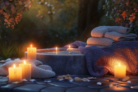 Soft towels and flickering candles create a serene atmosphere near a calming spa in nature at dusk.の写真素材