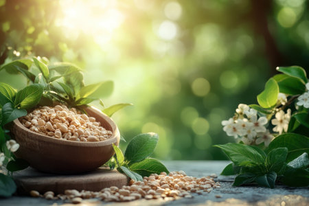 A bowl filled with grains among fresh leaves, illuminated by soft sunlight, in a peaceful garden.の写真素材