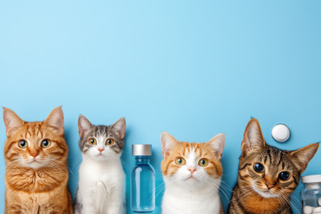 Five cats of various breeds and colors sit closely together against a blue backdrop with small items.の写真素材