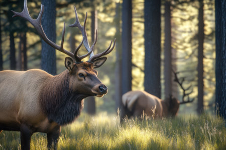 A majestic elk stands in a sunlit forest, with another elk visible in the background, showcasing tranquil nature.の写真素材