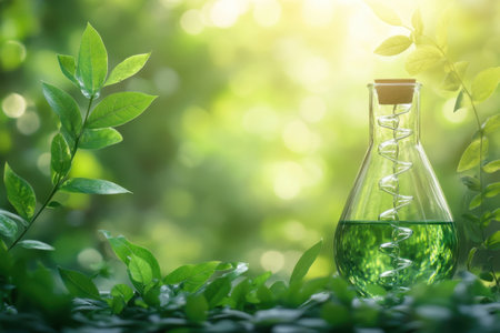 A laboratory flask containing green liquid sits among fresh green foliage, illuminated by sunlight.の写真素材