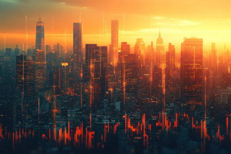 The skyline is illuminated by a colorful sunset, showing tall buildings in a bustling city.の写真素材