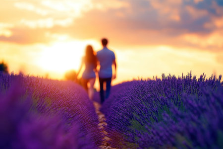 A couple strolls hand in hand through blooming lavender fields during a stunning sunset, creating a romantic atmosphere.の写真素材