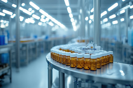 A production line is filled with amber bottles as they travel on a conveyor belt in the factory.の写真素材