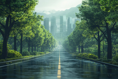 A tranquil road surrounded by lush greenery leads toward a misty urban skyline at dawn.の写真素材