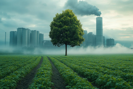 A solitary tree stands in a field near industrial structures under a cloudy morning sky.の写真素材