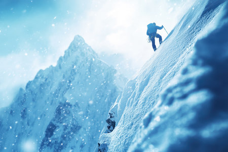 A determined climber navigates a steep snowy mountain with snowfall, showcasing winter sports and adventure.の写真素材