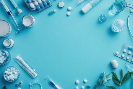 Various medical supplies and medications are neatly arranged on a blue background, showing health essentials.の写真素材