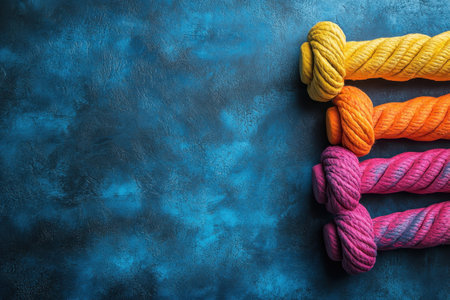 Brightly colored cotton ropes are laid out on a textured blue surface, showing their vibrant hues.の写真素材