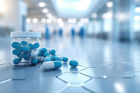 Scattered blue and white capsules lay next to an open jar in a bright healthcare setting.の写真素材