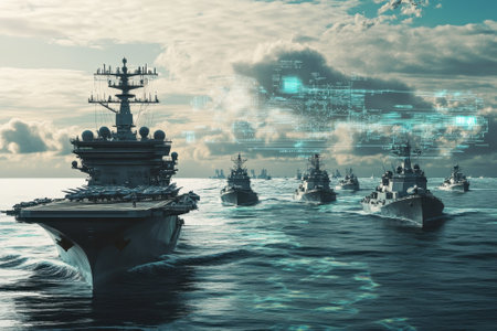 A large naval fleet maneuvers through ocean waters with advanced technology and communication systems visible.の写真素材