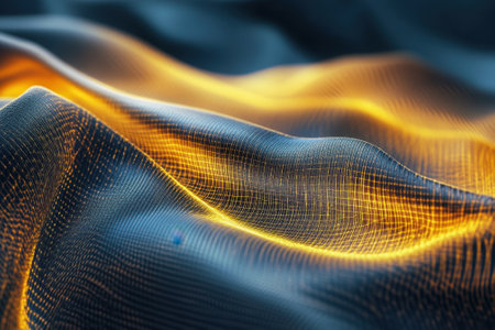 Golden and dark fabric create a captivating abstract wave pattern emphasizing texture and movement.の写真素材