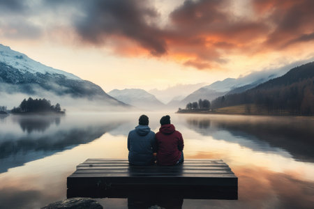 Two individuals relax on a wooden dock, gazing at a serene lake reflecting the colorful sunrise over mountains.の写真素材