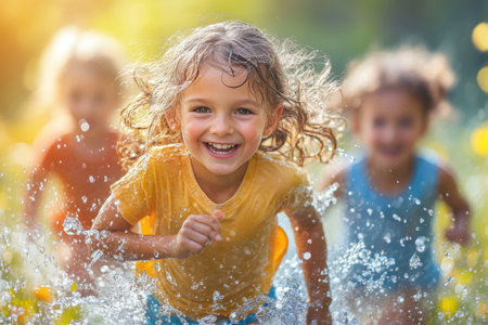 Three children are happily splashing through water in a vibrant garden on a sunny day.の写真素材