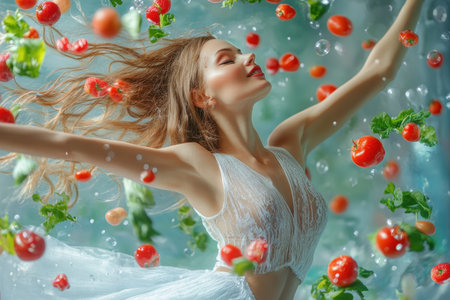 A woman elegantly dances in clear water, playfully surrounded by fresh tomatoes and lush greenery.の写真素材