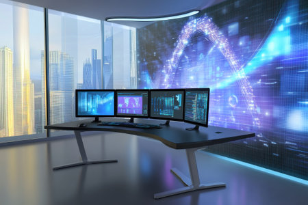 A modern workspace featuring multiple monitors displaying data, overlooking a city skyline in daylight.の写真素材