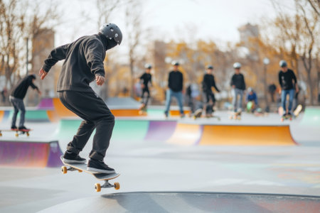 A skateboarder in a helmet executes a trick while others practice in a lively skatepark surrounded by trees.の写真素材