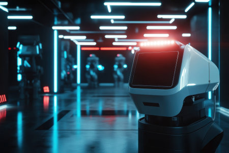 A sleek robot stands in a modern environment filled with illuminated corridors and other robots.の写真素材