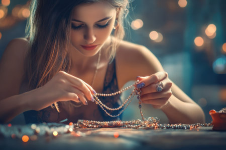 A young woman is intricately working with beads and strings, creating unique jewelry in a warm, soft-lit space.の写真素材