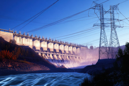 A hydroelectric power station generates electricity as water cascades down, illuminated by the setting sun.の写真素材
