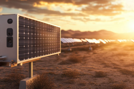 Rows of solar panels gather sunlight as the sun sets over a tranquil desert, highlighting renewable energy efforts.の写真素材