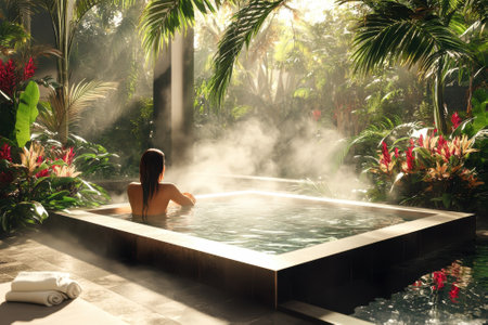 A person enjoys a warm soak in a hot tub enveloped by vibrant plants and mist in a tranquil setting.の写真素材