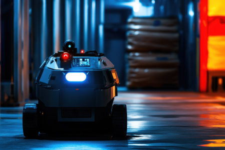 A robotic surveillance unit navigates through a dark industrial corridor, illuminated by its own lights.の写真素材