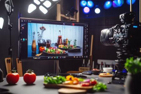 A food photographer captures vibrant dishes while using professional lighting and equipment in a studio setting.の写真素材