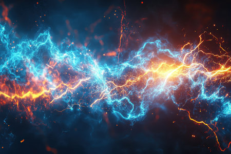 Electric currents intertwine in brilliant blue and orange colors against a dark backdrop, creating a striking effect.の写真素材