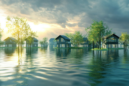 Tranquil view of contemporary homes partially submerged in water under a cloudy sky during sunset.の写真素材