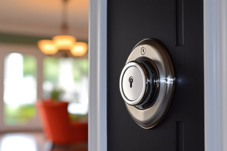 Close-up of a sleek door lock with a modern design outside a stylish home with inviting interior.の写真素材