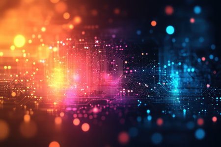 Vibrant patterns and lights create an abstract representation of technology in a digital landscape.の写真素材