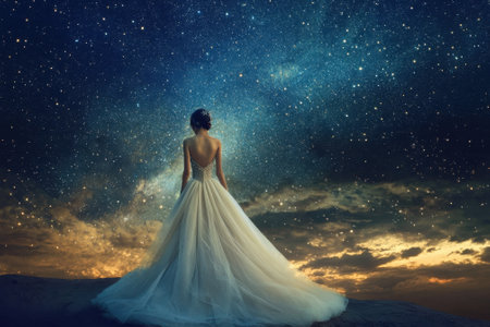 A woman in an elegant white gown stands on a hill, admiring the breathtaking star-filled sky at twilight.の写真素材
