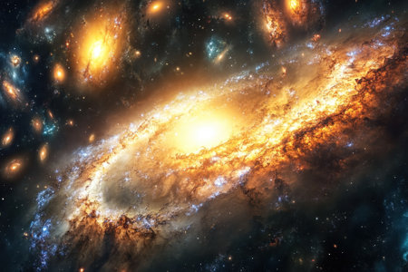 Bright galaxies swirl in a cosmic landscape filled with vibrant colors and distant star formations.の写真素材