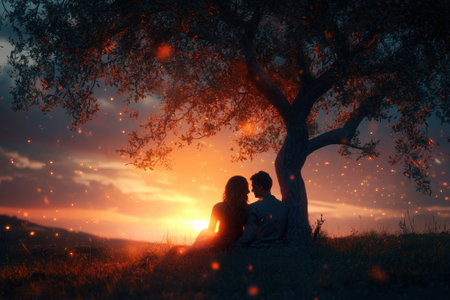 A couple shares a tender moment under an olive tree as the sun sets, creating a warm, romantic ambiance.の写真素材