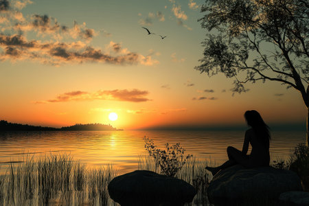 A woman sits on a rock near the water, gazing at the vibrant sunset over the calm lake.の写真素材