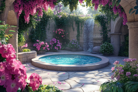 A tranquil garden features a circular pool with clear water and a gentle waterfall, framed by lush blooms.の写真素材